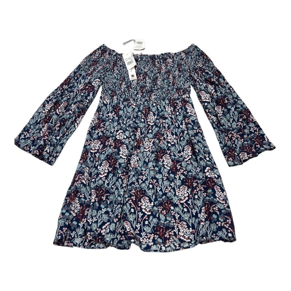 Willow‎ & Clay Dress Women XS Blue Floral Smocked Off Shoulder Tunic Boho Hippie